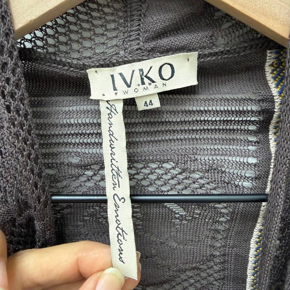 IVKO Woman Floral Knit Asymmetrical Front Cardigan Beige Brown Cotton Sz 44 - Picture 3 of 13